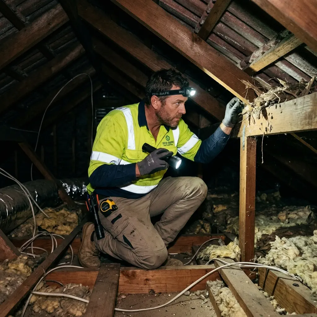 Technician inspecting a roof cavity for a dead animal in Badger Creek