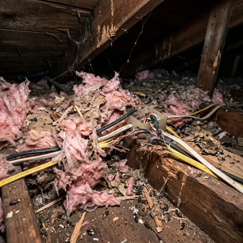 Contaminated ceiling insulation being assessed in a Badger Creek roof space