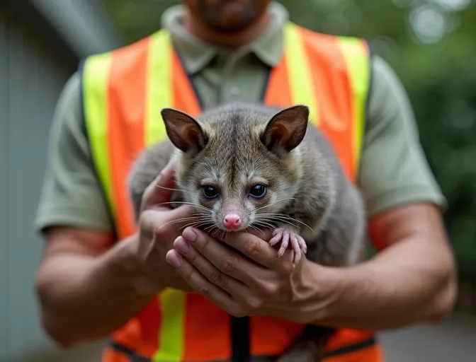 Animal handler safely recovering a deceased possum in Badger Creek