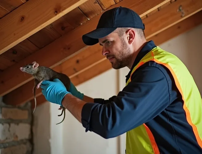 Technician inspecting a roof cavity for a dead rat in Badger Creek